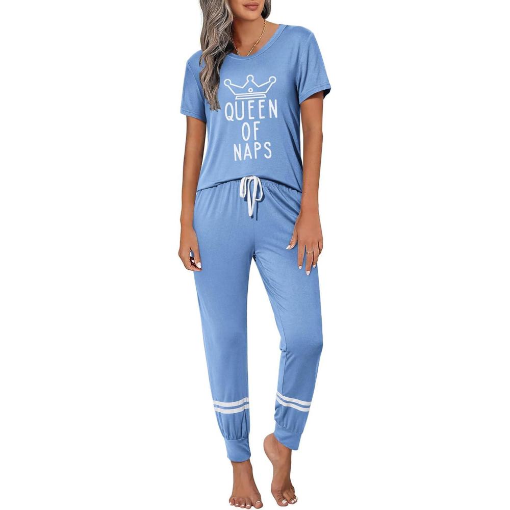 imageEkouaer Womens Pajamas Set 2 Piece Lounge Pj Set Short Sleeve Sleepwear Tops with Joggers Pants Loungewear Print NightwearSky Blue