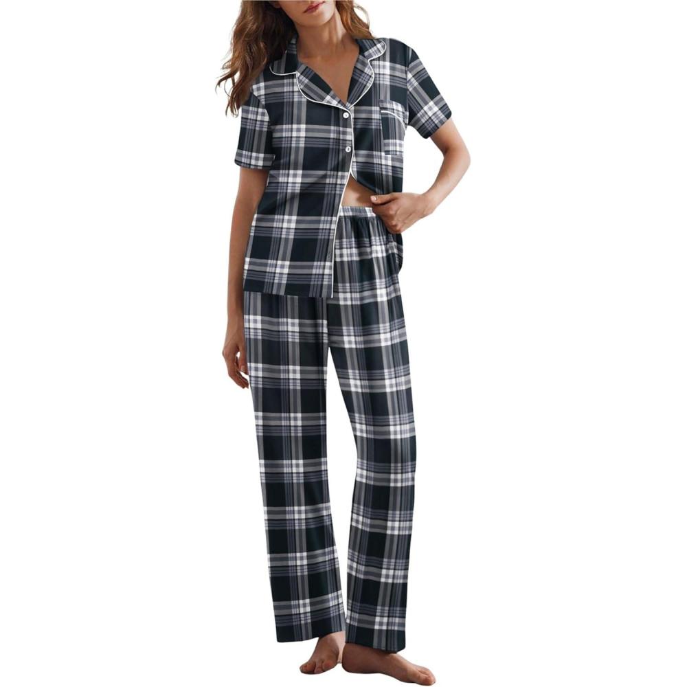 imageEkouaer Womens Pajamas Set Plaid PJs Soft Button Down Sleepwear Short Sleeve Nightwear with Long PantsBig Black Plaid
