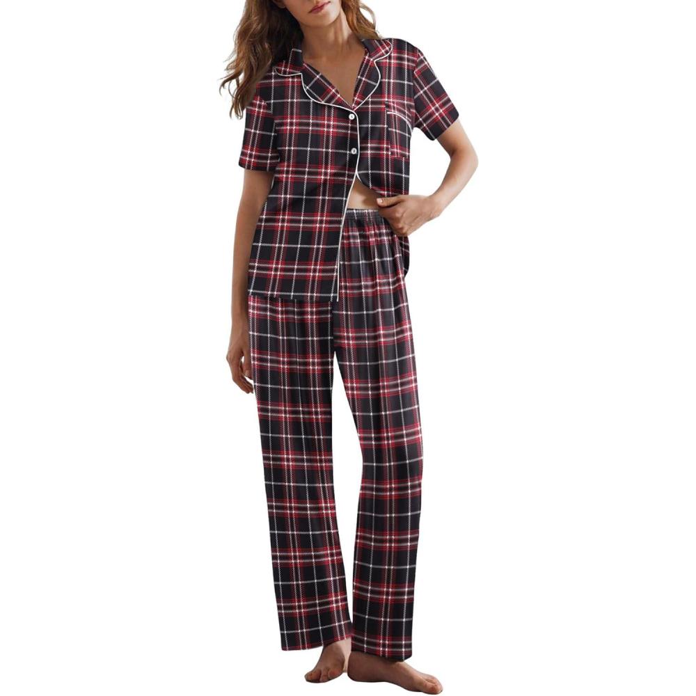 imageEkouaer Womens Pajamas Set Plaid PJs Soft Button Down Sleepwear Short Sleeve Nightwear with Long PantsSmall Red Plaid