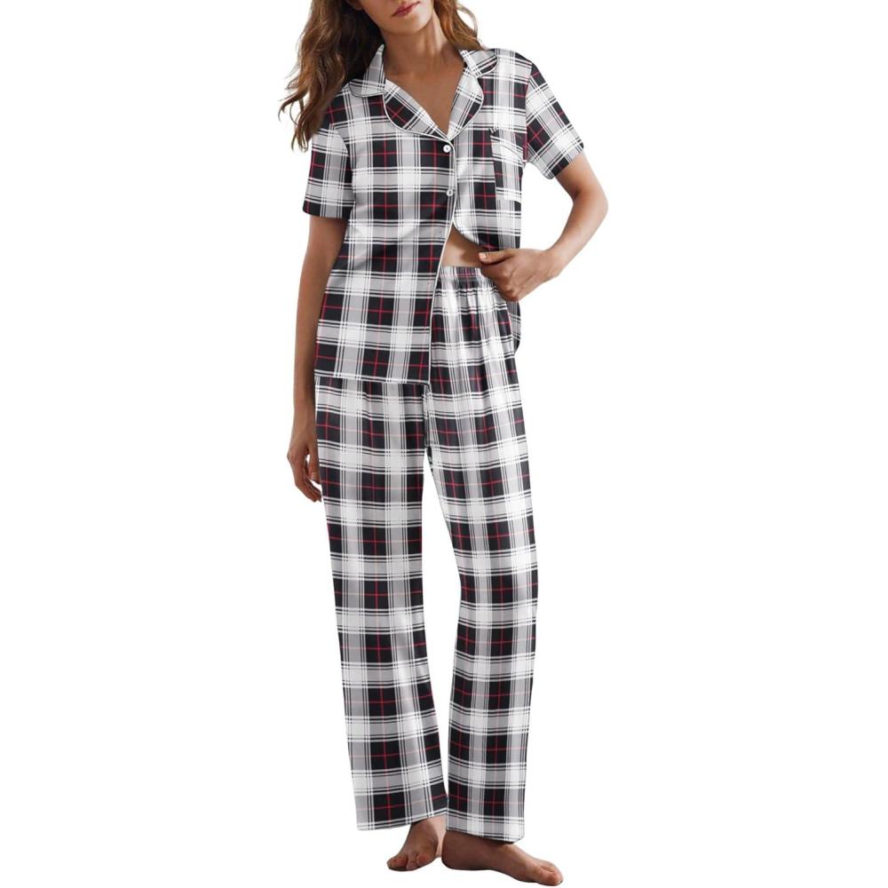 imageEkouaer Womens Pajamas Set Plaid PJs Soft Button Down Sleepwear Short Sleeve Nightwear with Long PantsSmall White Plaid