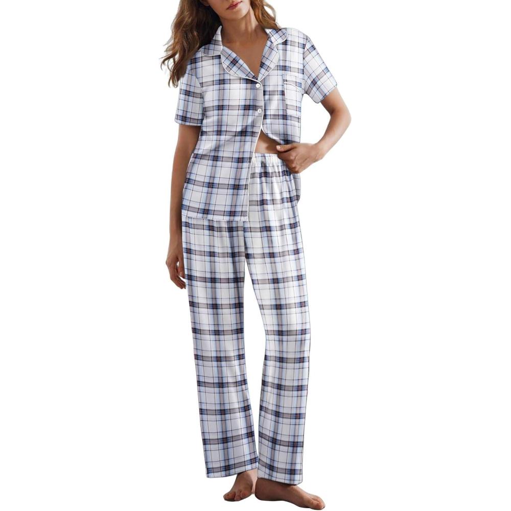 imageEkouaer Womens Pajamas Set Plaid PJs Soft Button Down Sleepwear Short Sleeve Nightwear with Long PantsWhite Plaid