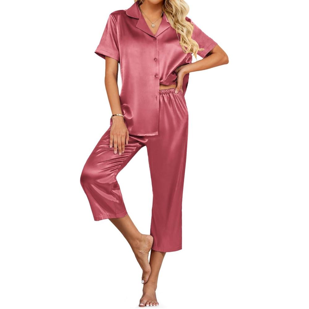 imageEkouaer Womens Satin Pajamas Silk Capri Pjs 2 Piece Lounge Sets Short Sleeve Button Down SleepwearDusty Rose