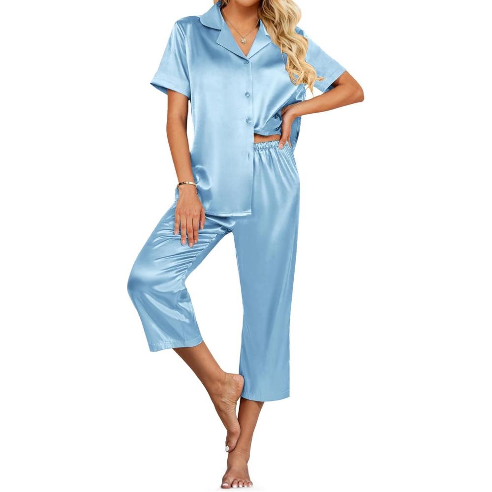 imageEkouaer Womens Satin Pajamas Silk Capri Pjs 2 Piece Lounge Sets Short Sleeve Button Down SleepwearLight Blue