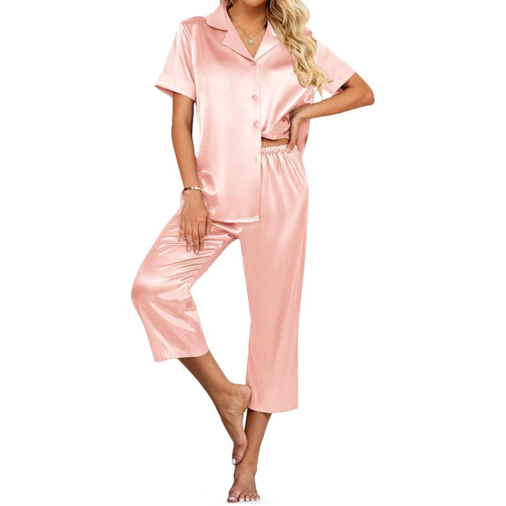 imageEkouaer Womens Satin Pajamas Silk Capri Pjs 2 Piece Lounge Sets Short Sleeve Button Down SleepwearLight Pink
