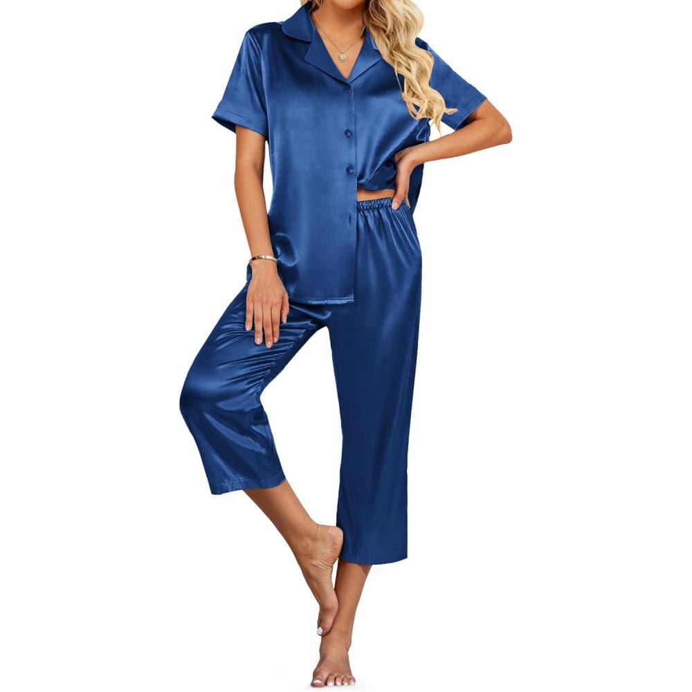 imageEkouaer Womens Satin Pajamas Silk Capri Pjs 2 Piece Lounge Sets Short Sleeve Button Down SleepwearNavy Blue