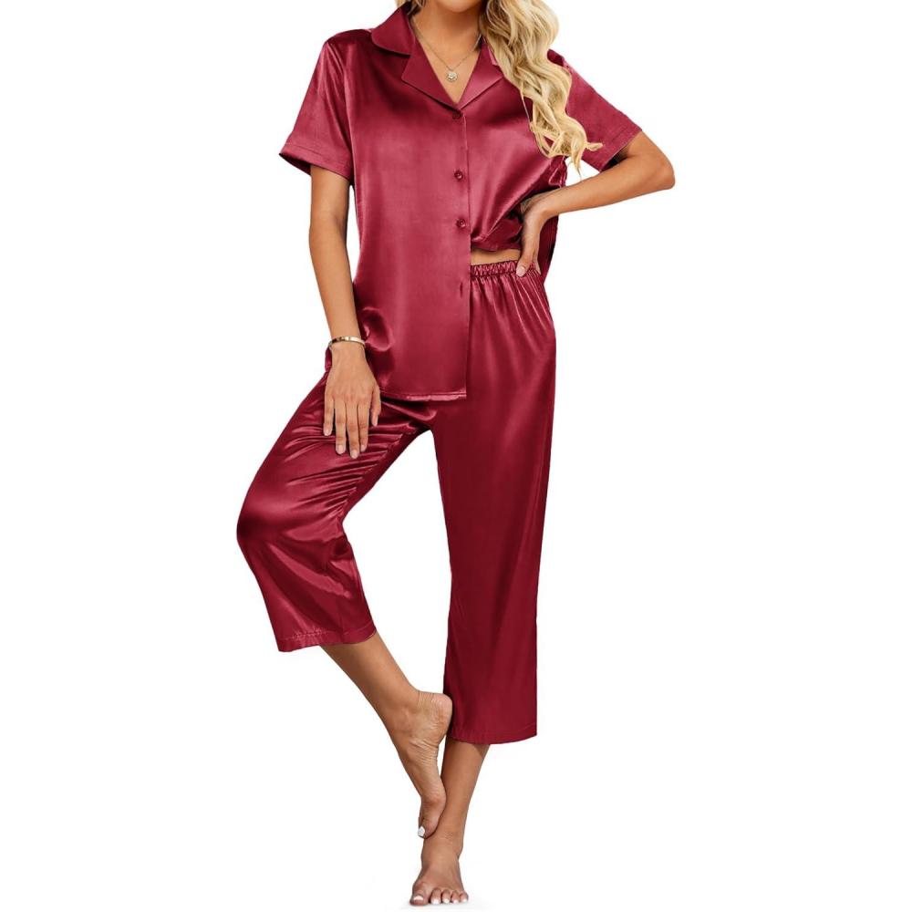 imageEkouaer Womens Satin Pajamas Silk Capri Pjs 2 Piece Lounge Sets Short Sleeve Button Down SleepwearRed