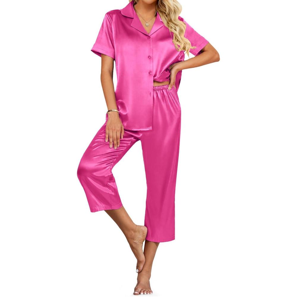 imageEkouaer Womens Satin Pajamas Silk Capri Pjs 2 Piece Lounge Sets Short Sleeve Button Down SleepwearRose Red