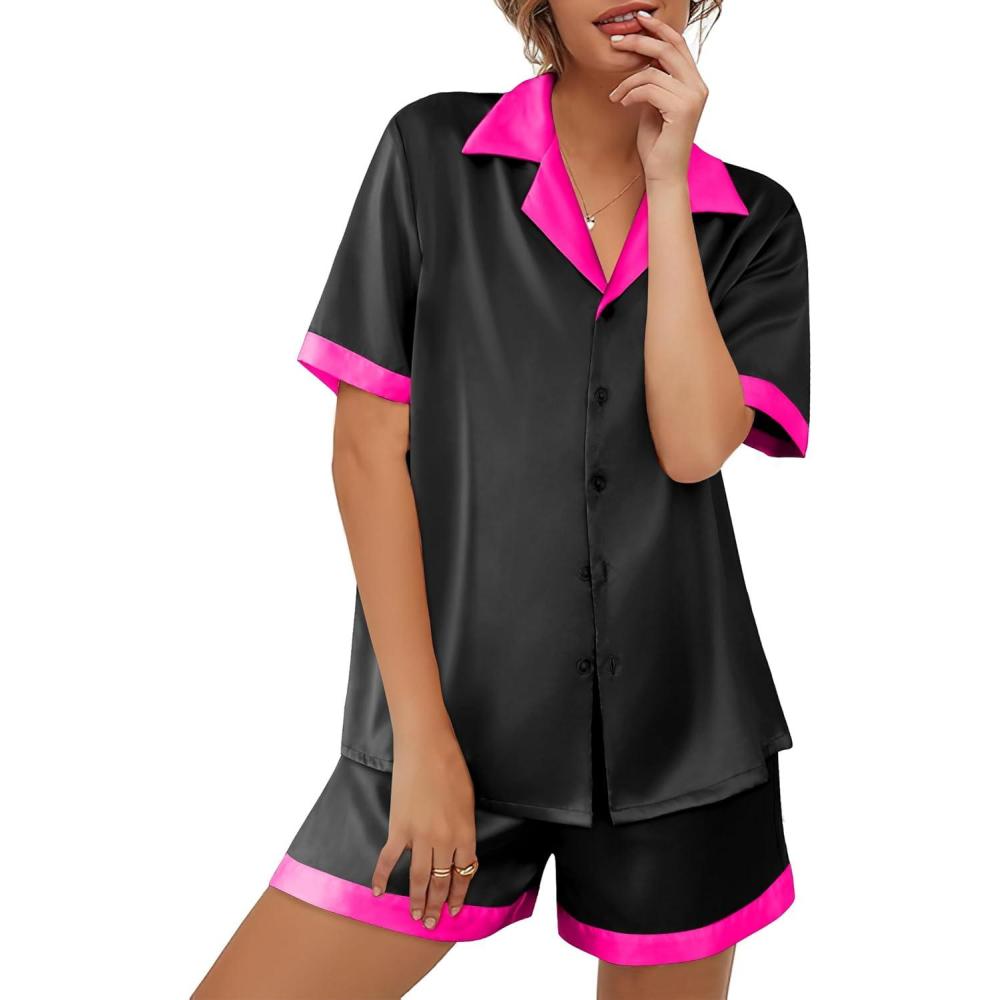 imageEkouaer Womens Silk Satin Pajama Set Short Sleeve PJs 2 Piece Button Down Top and Shorts Notch Collar Sleepwear Sets Soft PjsB1black
