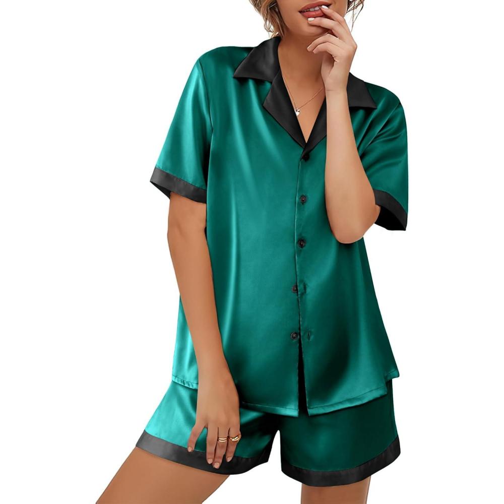imageEkouaer Womens Silk Satin Pajama Set Short Sleeve PJs 2 Piece Button Down Top and Shorts Notch Collar Sleepwear Sets Soft PjsB1sea Green