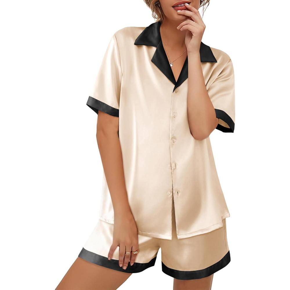 imageEkouaer Womens Silk Satin Pajama Set Short Sleeve PJs 2 Piece Button Down Top and Shorts Notch Collar Sleepwear Sets Soft PjsBbeige