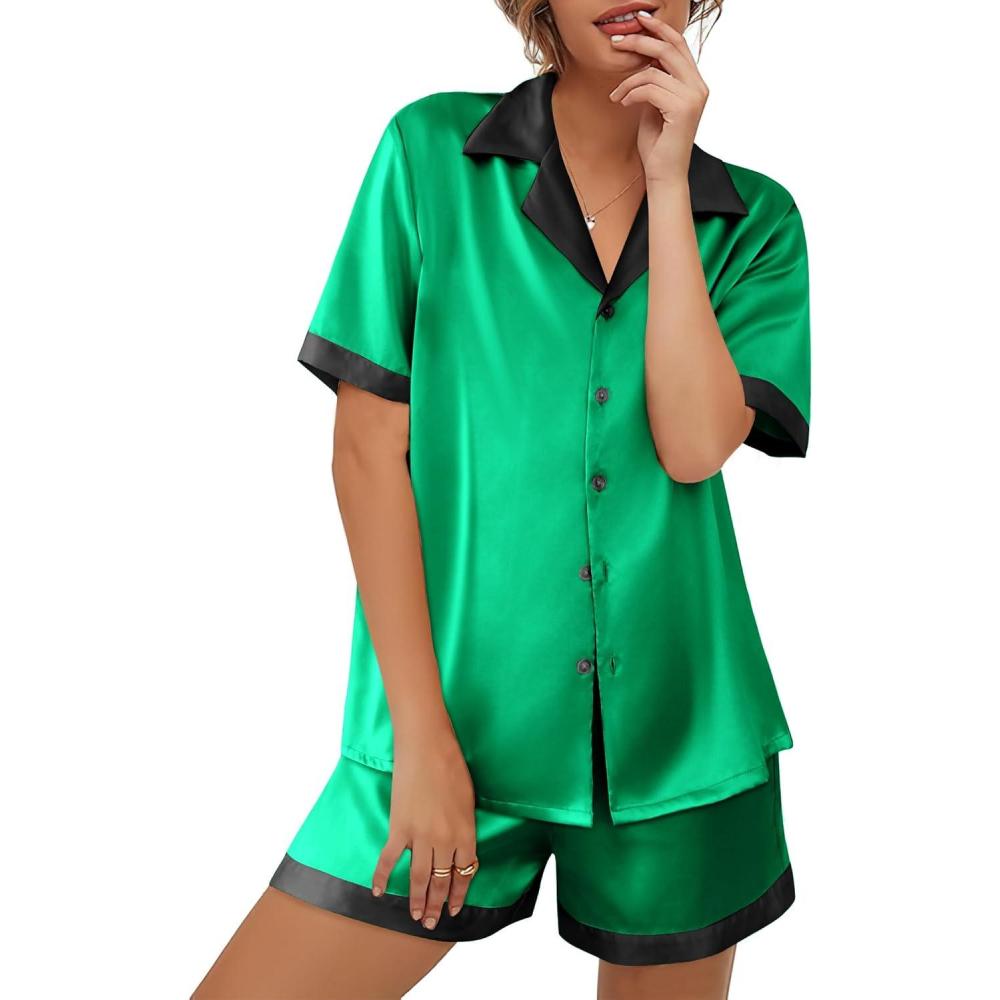 imageEkouaer Womens Silk Satin Pajama Set Short Sleeve PJs 2 Piece Button Down Top and Shorts Notch Collar Sleepwear Sets Soft PjsBgreen