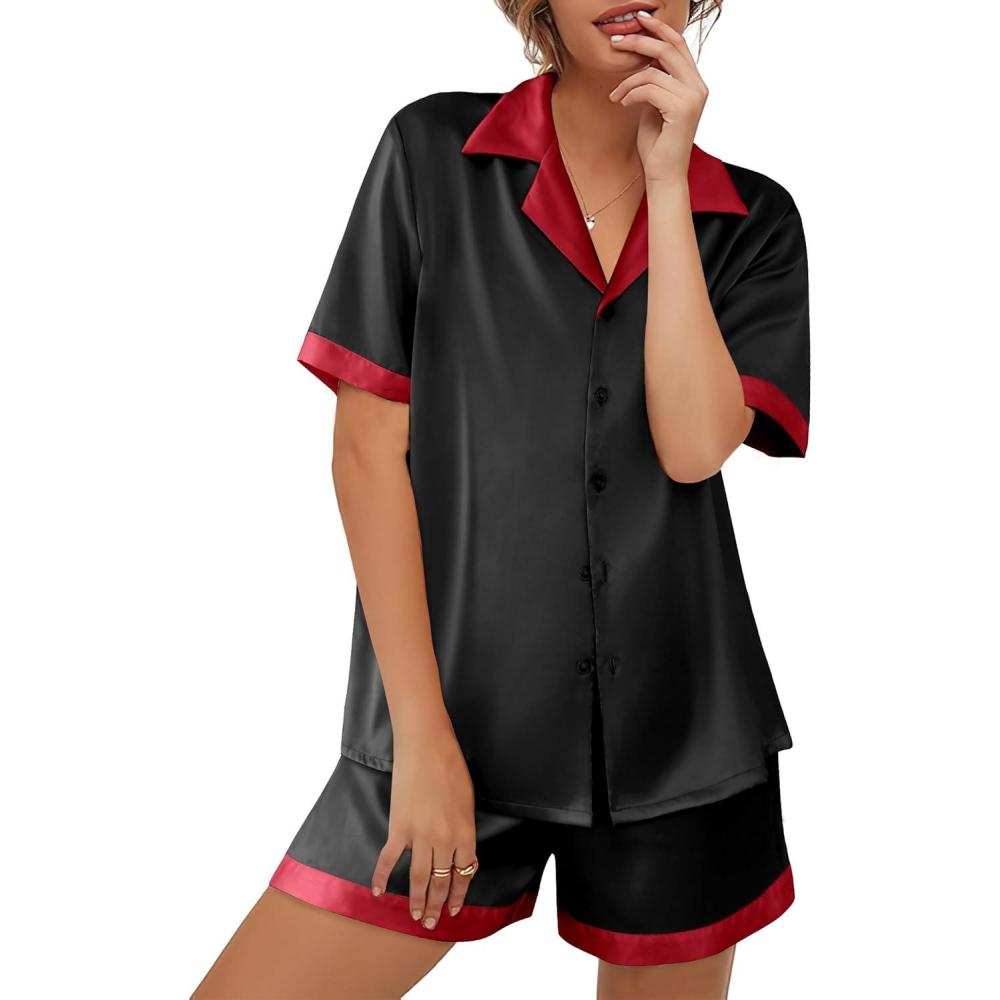 imageEkouaer Womens Silk Satin Pajama Set Short Sleeve PJs 2 Piece Button Down Top and Shorts Notch Collar Sleepwear Sets Soft PjsBlack With Red