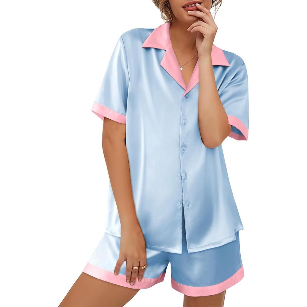 imageEkouaer Womens Silk Satin Pajama Set Short Sleeve PJs 2 Piece Button Down Top and Shorts Notch Collar Sleepwear Sets Soft PjsBlue