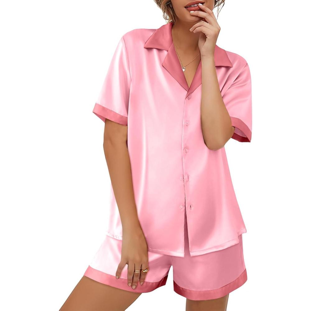 imageEkouaer Womens Silk Satin Pajama Set Short Sleeve PJs 2 Piece Button Down Top and Shorts Notch Collar Sleepwear Sets Soft PjsBpink