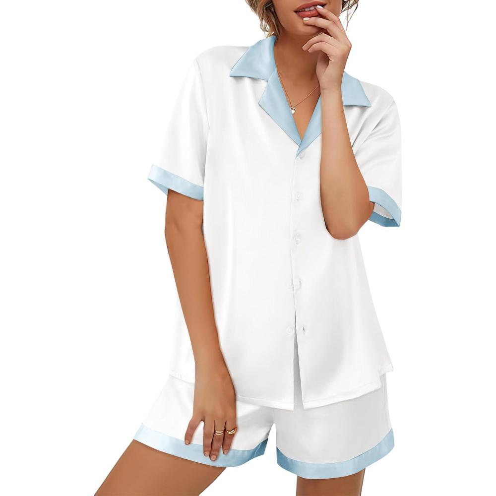 imageEkouaer Womens Silk Satin Pajama Set Short Sleeve PJs 2 Piece Button Down Top and Shorts Notch Collar Sleepwear Sets Soft PjsBwhite