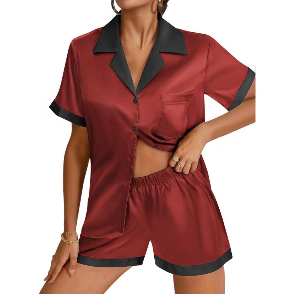 imageEkouaer Womens Silk Satin Pajama Set Short Sleeve PJs 2 Piece Button Down Top and Shorts Notch Collar Sleepwear Sets Soft PjsDark Red