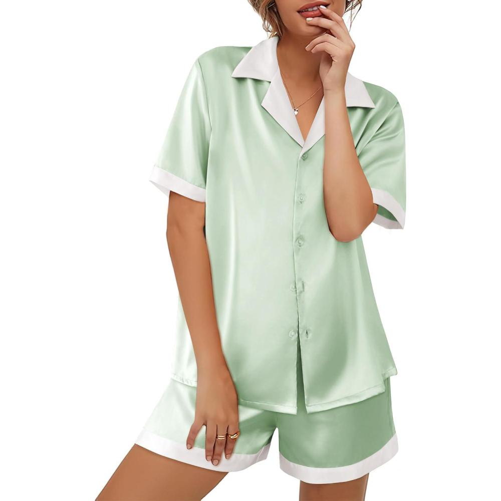 imageEkouaer Womens Silk Satin Pajama Set Short Sleeve PJs 2 Piece Button Down Top and Shorts Notch Collar Sleepwear Sets Soft PjsLight Green