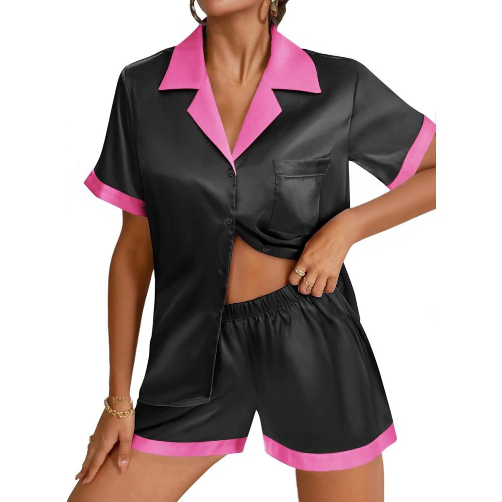 imageEkouaer Womens Silk Satin Pajama Set Short Sleeve PJs 2 Piece Button Down Top and Shorts Notch Collar Sleepwear Sets Soft PjsNoble Black