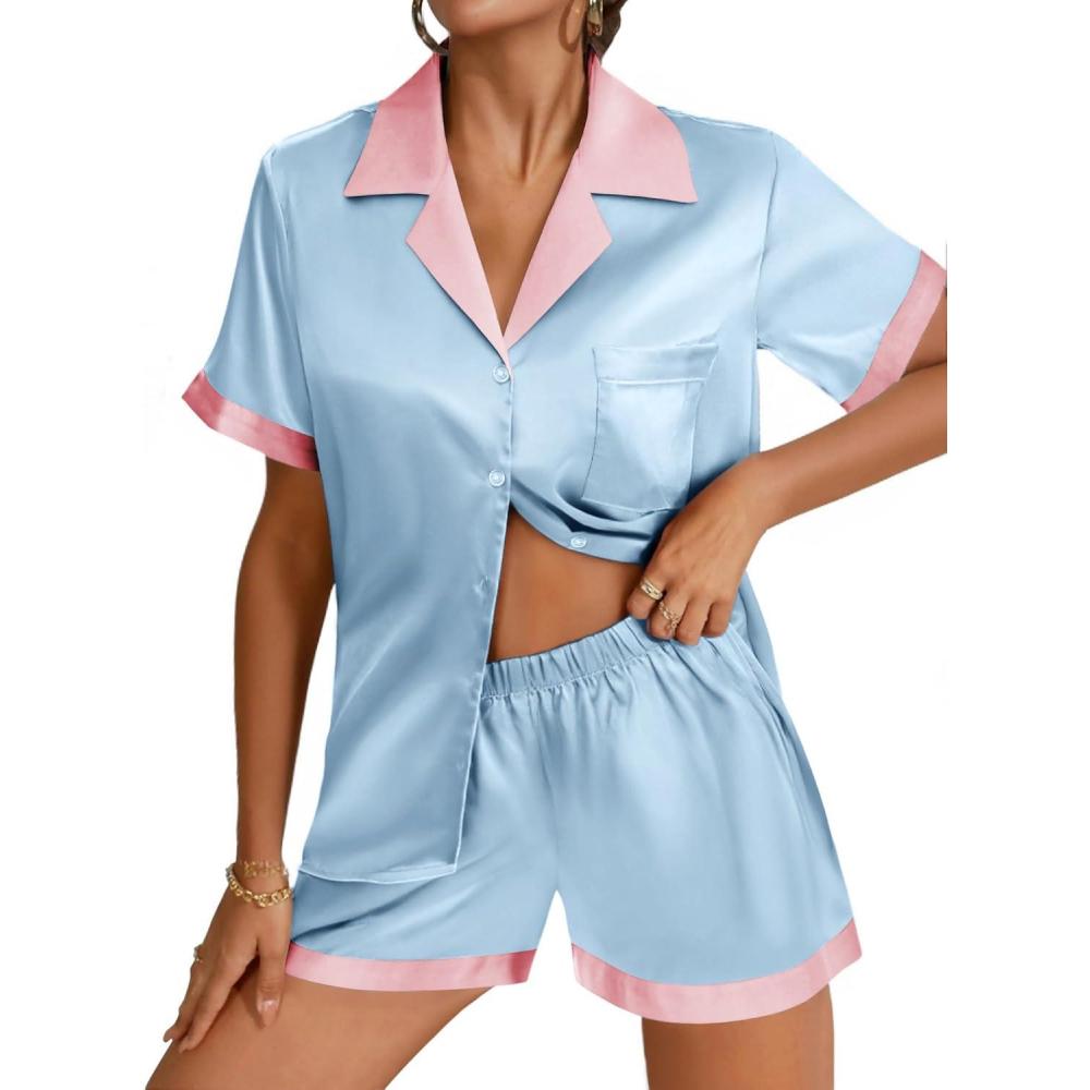 imageEkouaer Womens Silk Satin Pajama Set Short Sleeve PJs 2 Piece Button Down Top and Shorts Notch Collar Sleepwear Sets Soft PjsNoble Blue