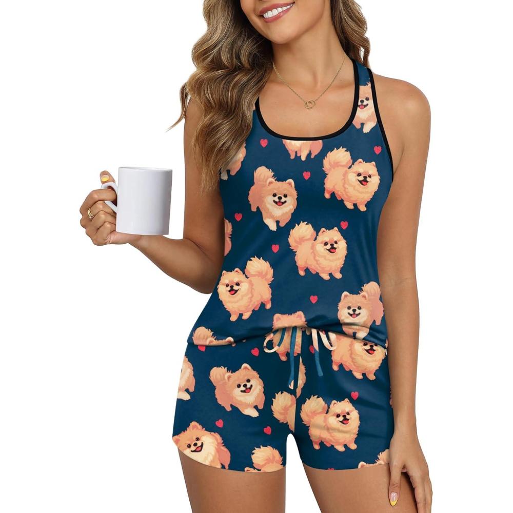 imageEkouaer Womens Tank Top Pajama Set Comfy Sleeveless Sleepwear Racerback Cami and Shorts Pjs 2 Piece Summer LoungewearDeep Blue Puppy