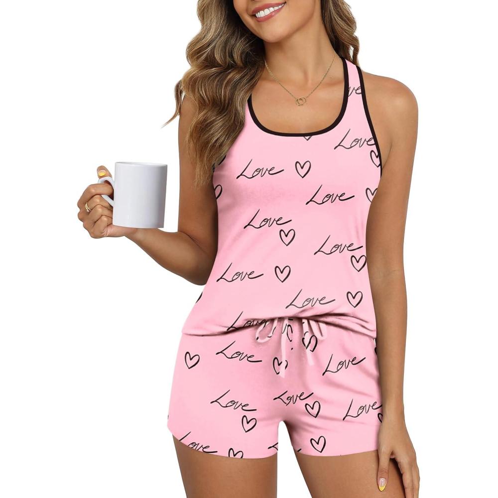 imageEkouaer Womens Tank Top Pajama Set Comfy Sleeveless Sleepwear Racerback Cami and Shorts Pjs 2 Piece Summer LoungewearPink Love