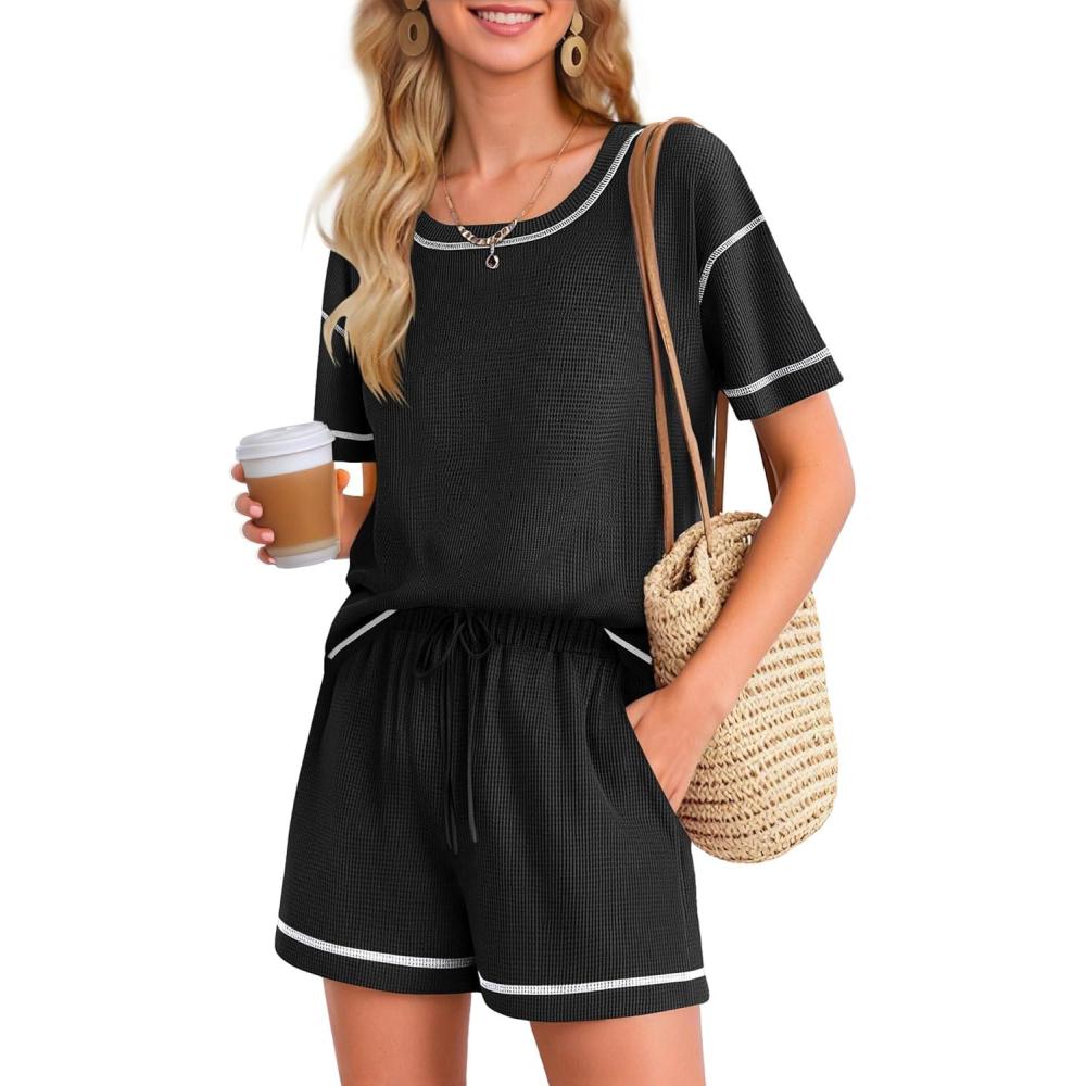 imageEkouaer Womens Waffle Knit Two Piece Lounge Set Soft Matching Outfits for Daily Wear Casual Shorts Set with PocketBlack
