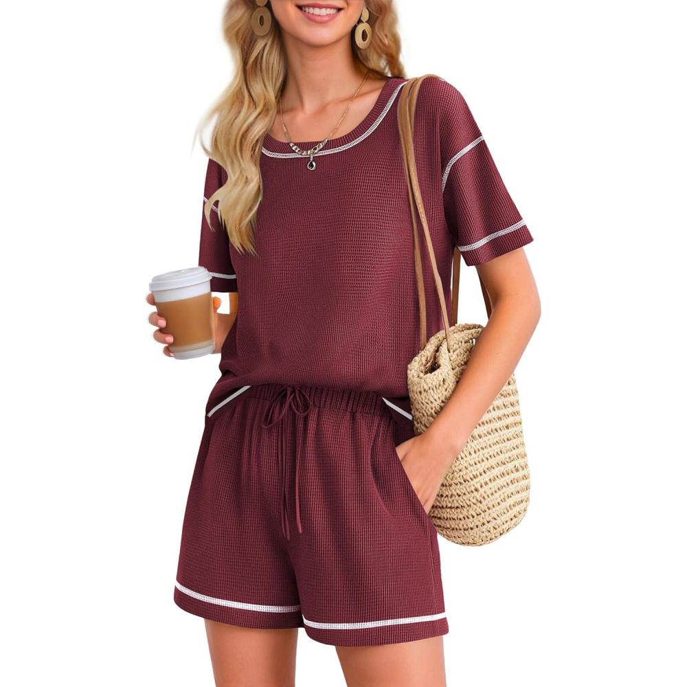 imageEkouaer Womens Waffle Knit Two Piece Lounge Set Soft Matching Outfits for Daily Wear Casual Shorts Set with PocketDate Red