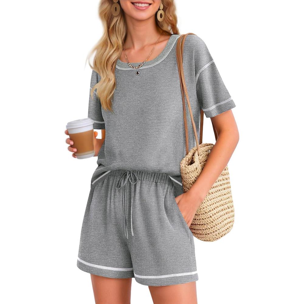 imageEkouaer Womens Waffle Knit Two Piece Lounge Set Soft Matching Outfits for Daily Wear Casual Shorts Set with PocketLight Gray