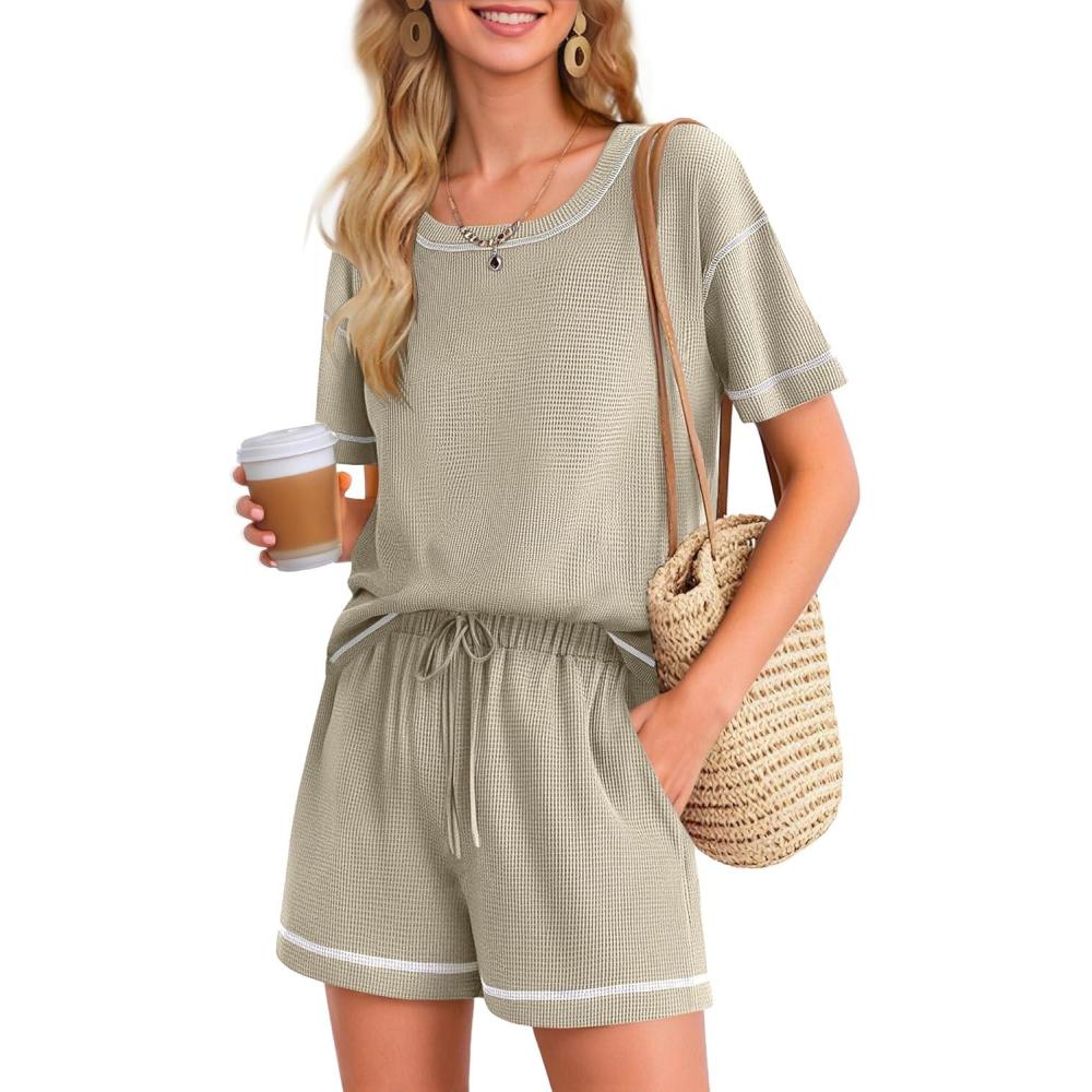 imageEkouaer Womens Waffle Knit Two Piece Lounge Set Soft Matching Outfits for Daily Wear Casual Shorts Set with PocketMoon Gray