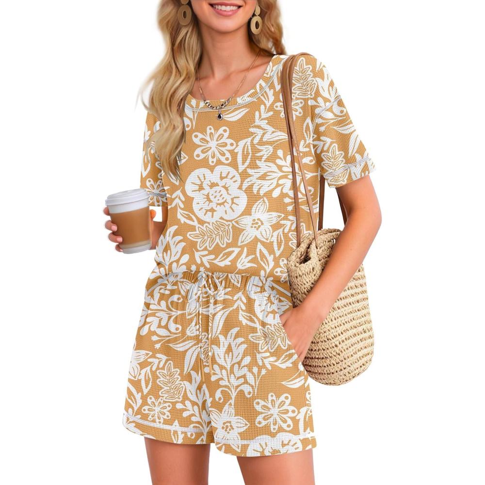 imageEkouaer Womens Waffle Knit Two Piece Lounge Set Soft Matching Outfits for Daily Wear Casual Shorts Set with PocketOrange Flowers