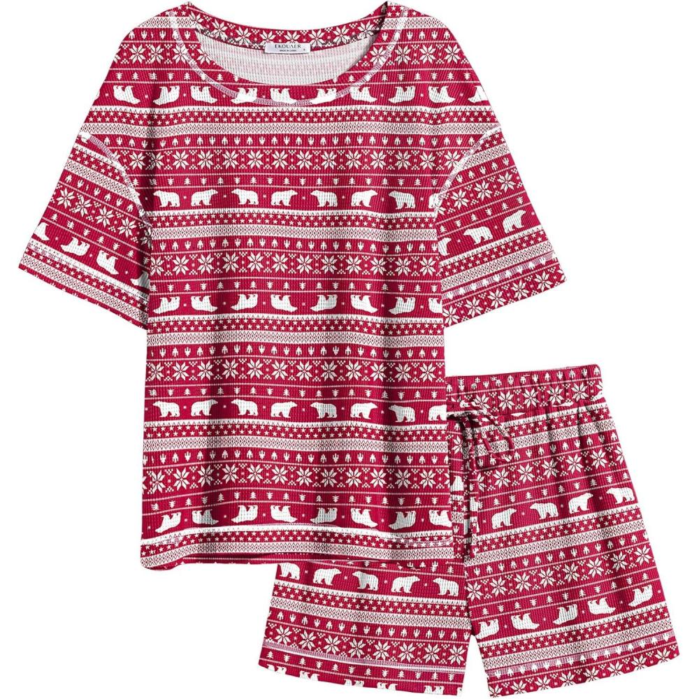 imageEkouaer Womens Waffle Knit Two Piece Lounge Set Soft Matching Outfits for Daily Wear Casual Shorts Set with PocketRed Elk