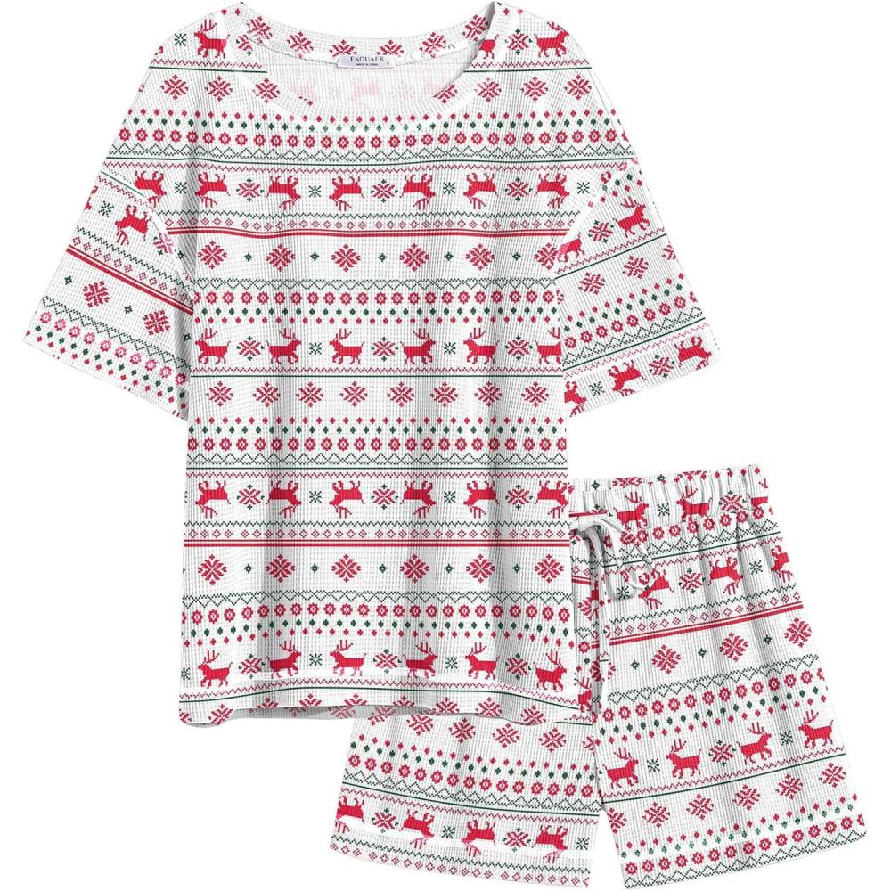 imageEkouaer Womens Waffle Knit Two Piece Lounge Set Soft Matching Outfits for Daily Wear Casual Shorts Set with PocketWhite Snow