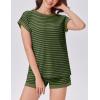 EKOUAER 2 Piece Sets for Women Summer Outfits Cute Stripe Knit T Shirts Shorts Matching Lounge Set(Green Striped)