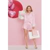 Ekouaer Bridal Feather Pajamas Set Silk Satin Valentine’s Pj Sets Wedding Pjs Sleepwear with Removable Feather Trim(Pink and White Stripe)