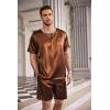 Ekouaer Men Silk Pajamas Set 2 Piece Pjs Soft Satin Sleepwear Shorts Button Down Tops Loungewear with Pockets(Brown)
