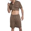 Ekouaer Mens Satin Pajamas Set Button-Down Short Sleeve Shirt Top Soft Silk Sleepwear Shorts with Pockets(Geometric Gold)