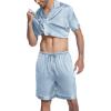 Ekouaer Mens Satin Pajamas Set Button-Down Short Sleeve Shirt Top Soft Silk Sleepwear Shorts with Pockets(Ice Blue)