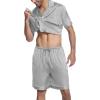 Ekouaer Mens Satin Pajamas Set Button-Down Short Sleeve Shirt Top Soft Silk Sleepwear Shorts with Pockets(Light Grey)