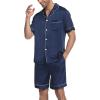 Ekouaer Mens Satin Pajamas Set Button-Down Short Sleeve Shirt Top Soft Silk Sleepwear Shorts with Pockets(Navy Blue)