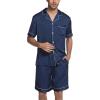 Ekouaer Mens Satin Pajamas Set Button-Down Short Sleeve Shirt Top Soft Silk Sleepwear Shorts with Pockets(Navy Blue)