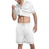 Ekouaer Mens Satin Pajamas Set Button-Down Short Sleeve Shirt Top Soft Silk Sleepwear Shorts with Pockets(White)