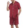 Ekouaer Mens Satin Pajamas Set Button-Down Short Sleeve Shirt Top Soft Silk Sleepwear Shorts with Pockets(Wine Red)