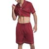 Ekouaer Mens Satin Pajamas Set Button-Down Short Sleeve Shirt Top Soft Silk Sleepwear Shorts with Pockets(Wine Red)
