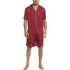 Ekouaer Mens Satin Pajamas Set Button-Down Short Sleeve Shirt Top Soft Silk Sleepwear Shorts with Pockets(Wine Red)