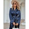 Ekouaer Satin Lounge Sets for Women 2 Pieces Silk Pajamas Set Long Sleeve Top with Pants Outfits with Belt(Navy Blue)