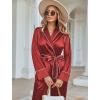 Ekouaer Satin Lounge Sets for Women 2 Pieces Silk Pajamas Set Long Sleeve Top with Pants Outfits with Belt(Red)