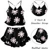 Ekouaer Satin Pajama Set for Women 2 Piece Camisole Top and Shorts Silk Lingerie with Ruffle Floral Nightwear(Black Flower)