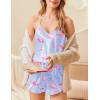 Ekouaer Satin Pajama Set for Women 2 Piece Camisole Top and Shorts Silk Lingerie with Ruffle Floral Nightwear(Clear Blue Flamingo)