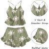 Ekouaer Satin Pajama Set for Women 2 Piece Camisole Top and Shorts Silk Lingerie with Ruffle Floral Nightwear(Green Flower)