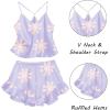 Ekouaer Satin Pajama Set for Women 2 Piece Camisole Top and Shorts Silk Lingerie with Ruffle Floral Nightwear(Purple Flower)